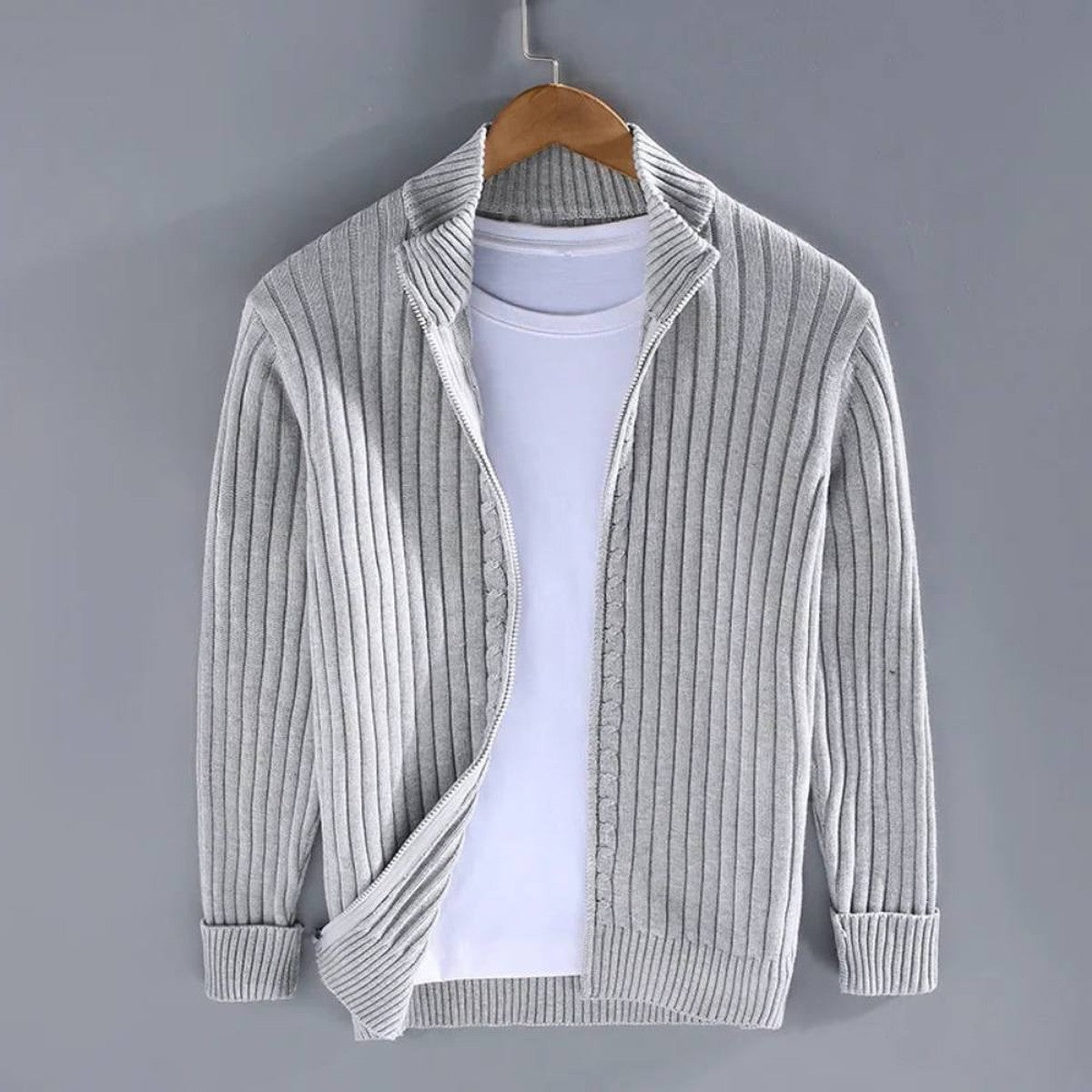 Men's Slim Fit Zip Cardigan with Stretch Knit and Ribbed Cuffs