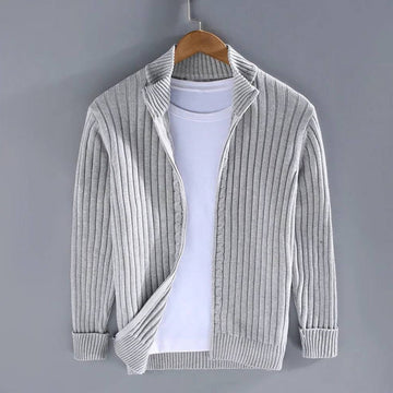 Men's Slim Fit Zip Cardigan with Stretch Knit and Ribbed Cuffs