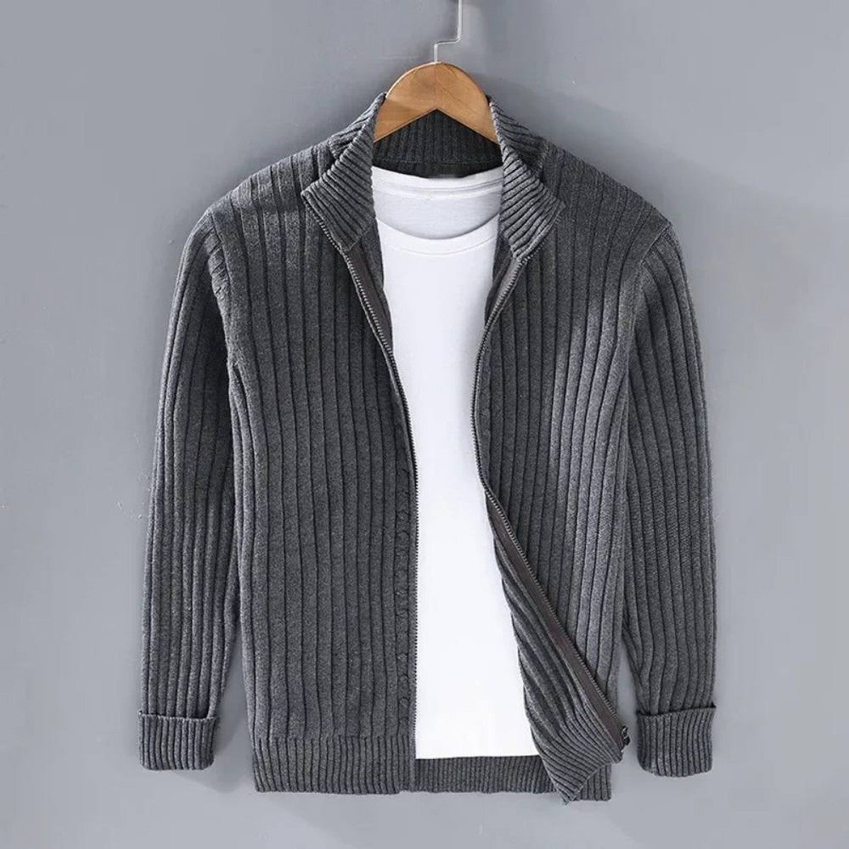 Men's Slim Fit Zip Cardigan with Stretch Knit and Ribbed Cuffs