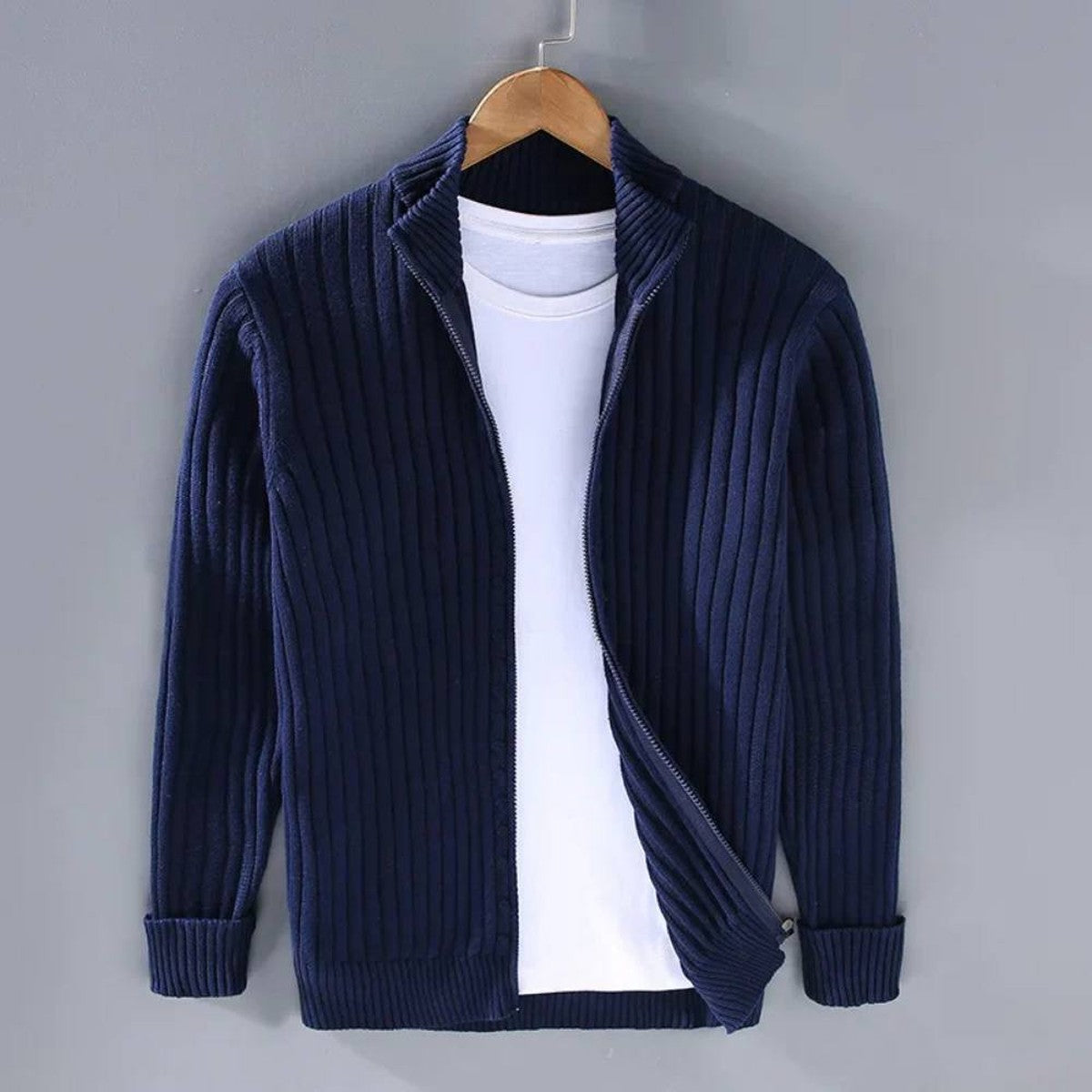 Men's Slim Fit Zip Cardigan with Stretch Knit and Ribbed Cuffs