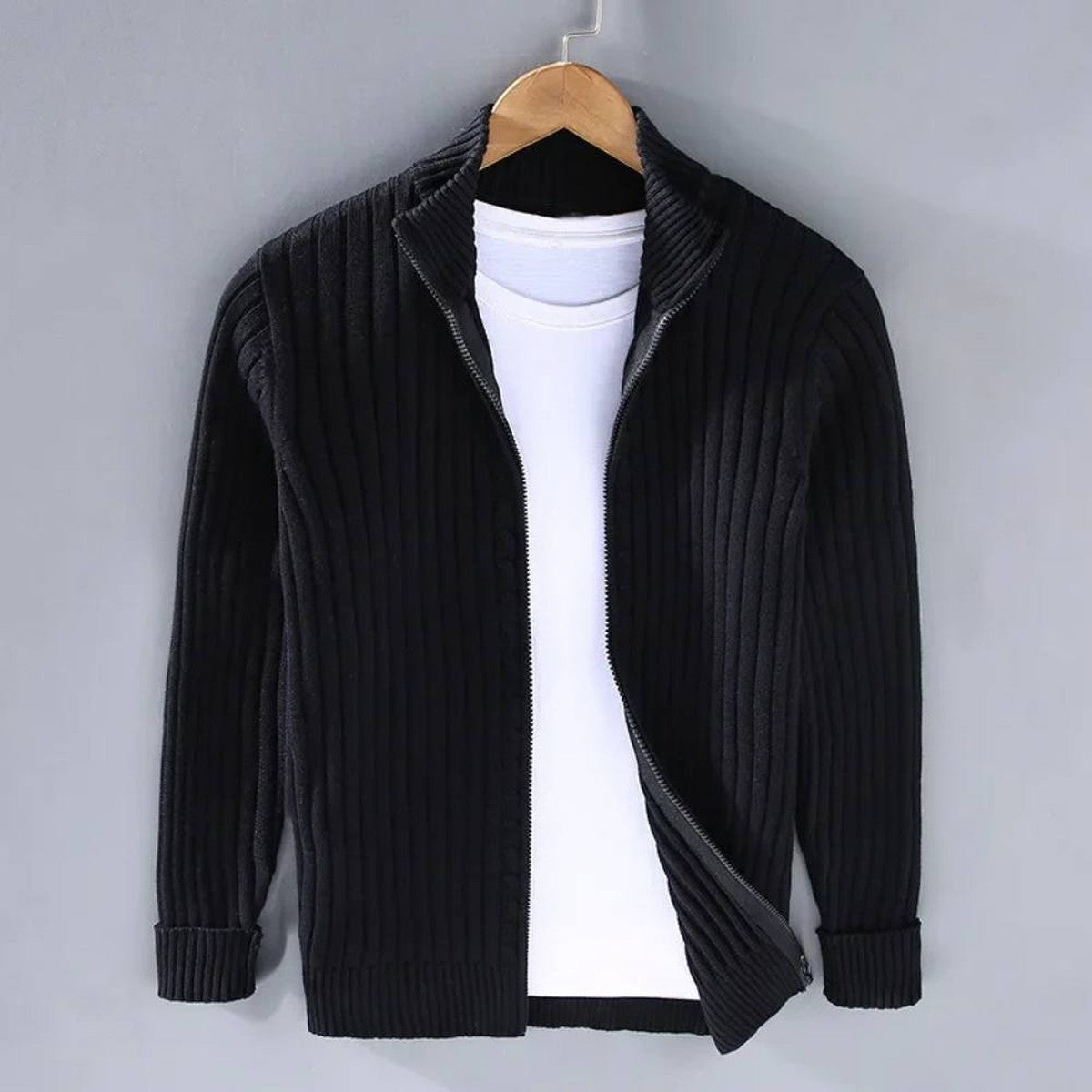 Men's Slim Fit Zip Cardigan with Stretch Knit and Ribbed Cuffs