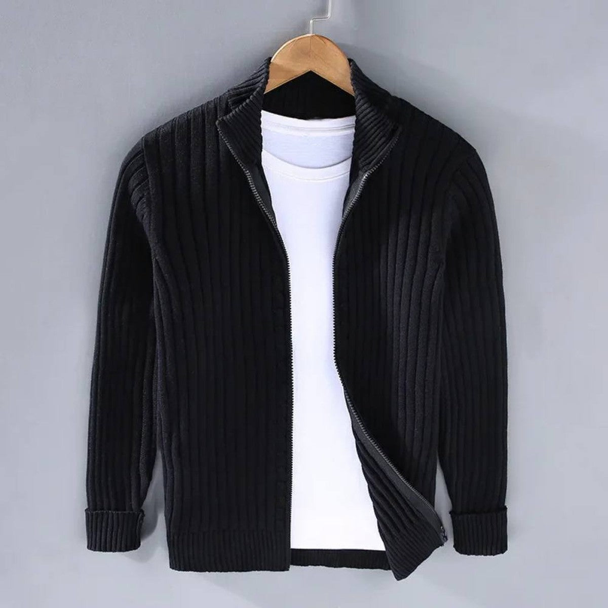 Men's Slim Fit Zip Cardigan with Stretch Knit and Ribbed Cuffs