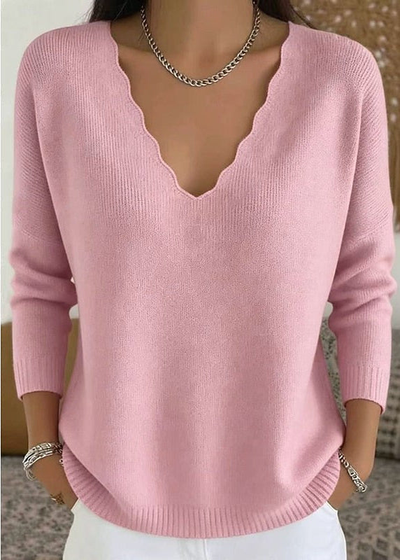 Women's Scalloped V Neck Pullover with Long Sleeves and Ribbed Trim, Relaxed Fit