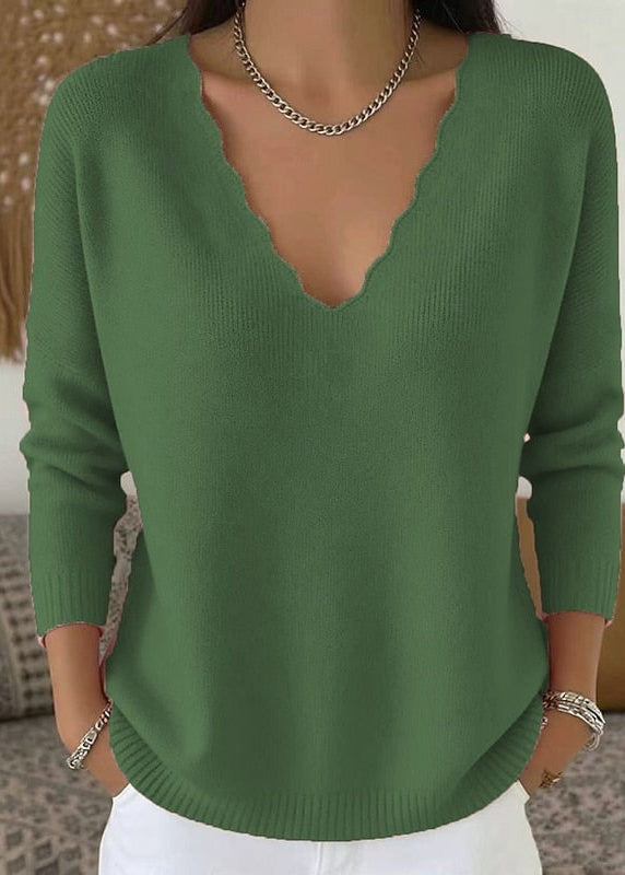 Women's Scalloped V Neck Pullover with Long Sleeves and Ribbed Trim, Relaxed Fit