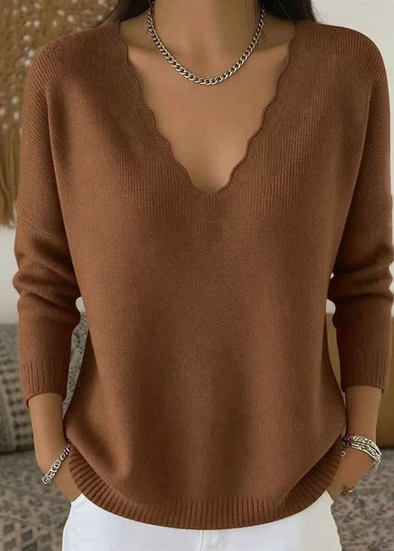 Women's Scalloped V Neck Pullover with Long Sleeves and Ribbed Trim, Relaxed Fit