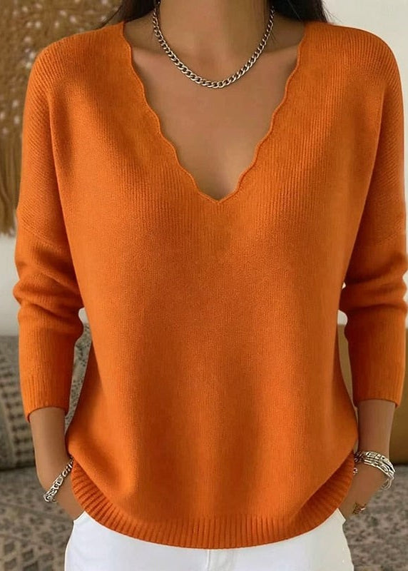 Women's Scalloped V Neck Pullover with Long Sleeves and Ribbed Trim, Relaxed Fit