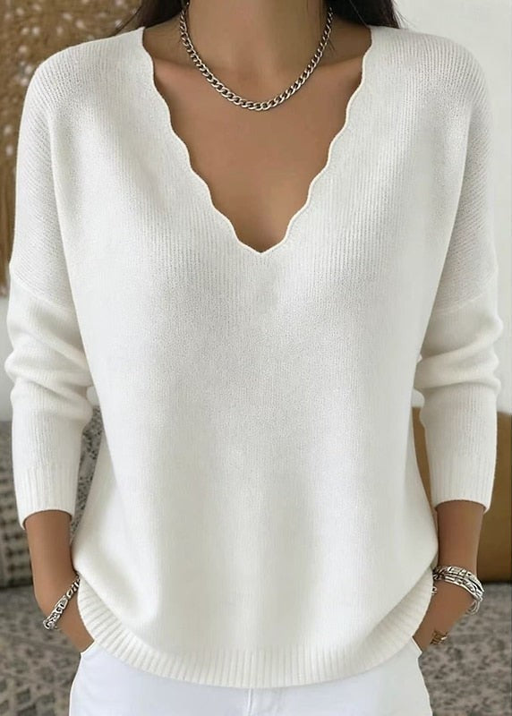 Women's Scalloped V Neck Pullover with Long Sleeves and Ribbed Trim, Relaxed Fit