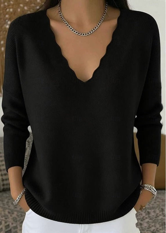 Women's Scalloped V Neck Pullover with Long Sleeves and Ribbed Trim, Relaxed Fit