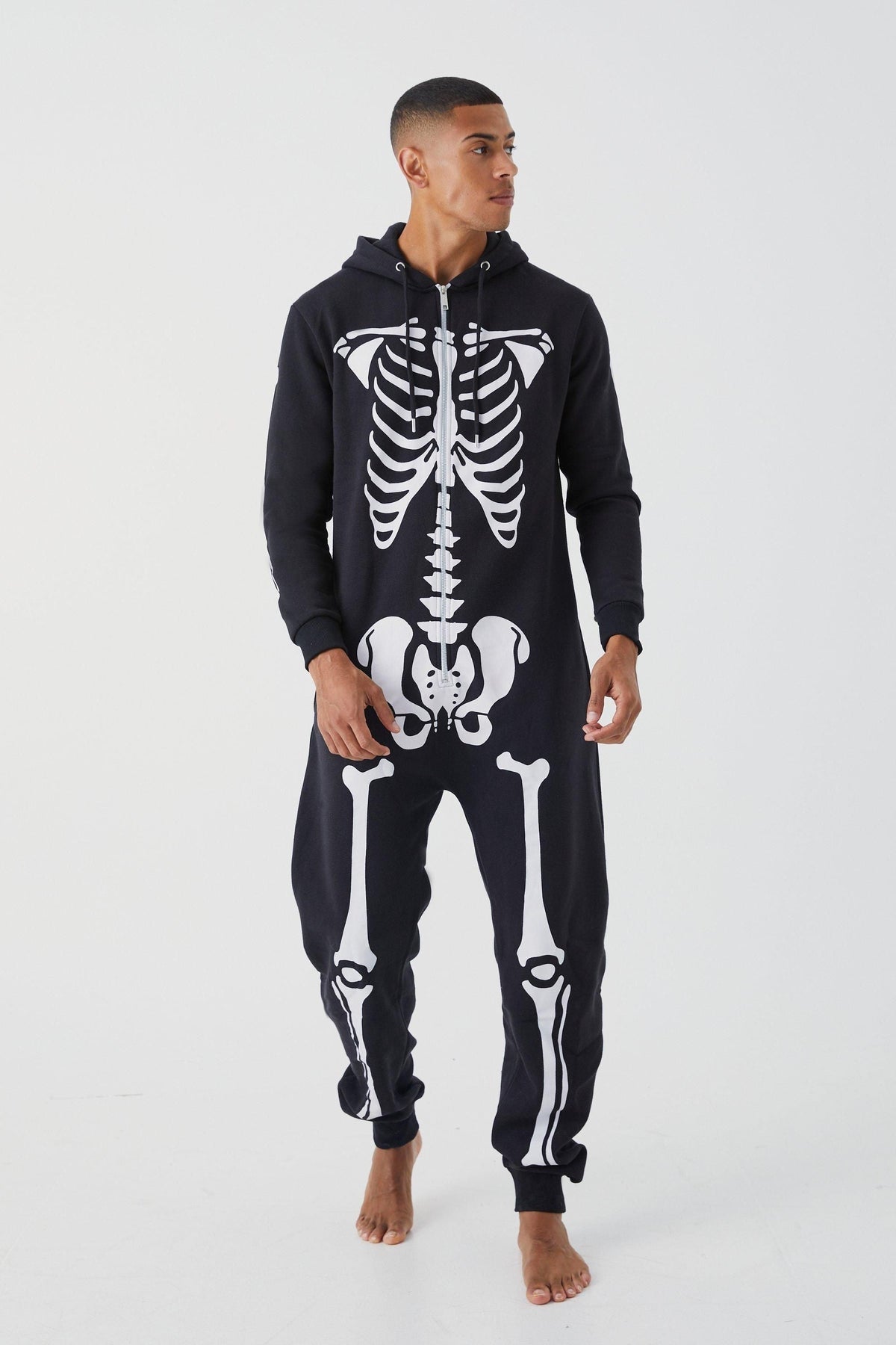 Skeleton Onesie with Front Zipper and Attached Hood, Long Sleeves