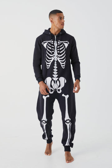 Skeleton Onesie with Front Zipper and Attached Hood, Long Sleeves