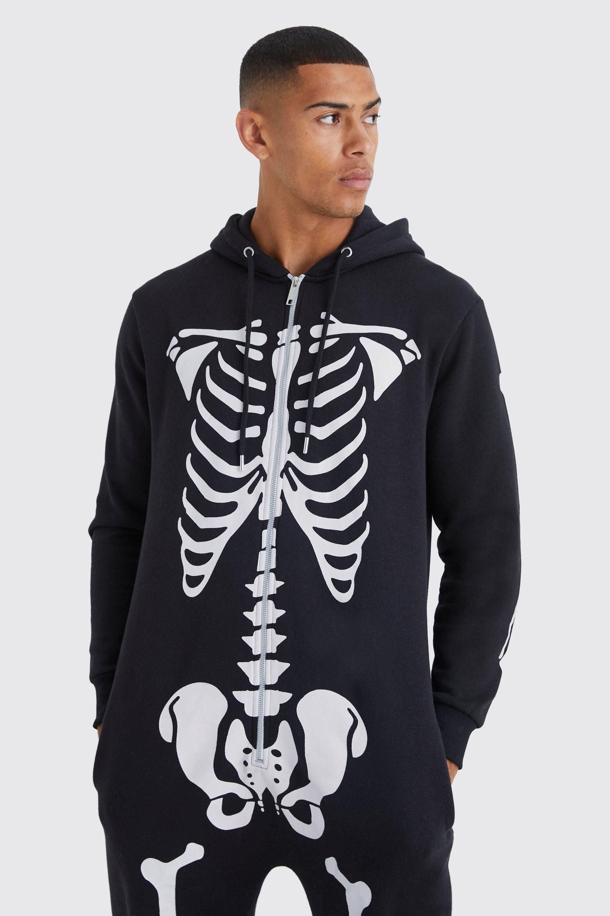 Skeleton Onesie with Front Zipper and Attached Hood, Long Sleeves