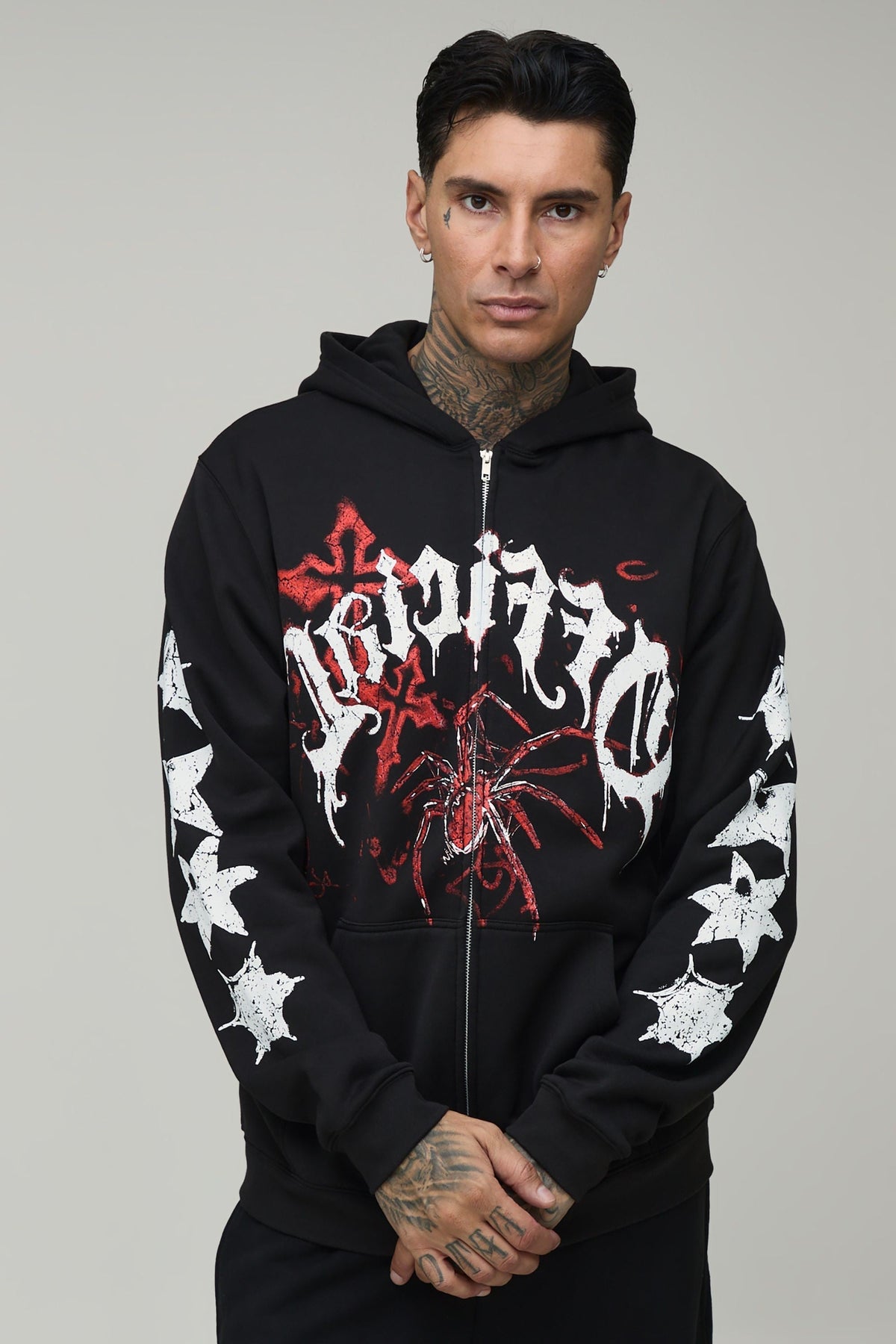 Tall Zip Hoodie with Spider Chest Graphic and Gothic Sleeve Design