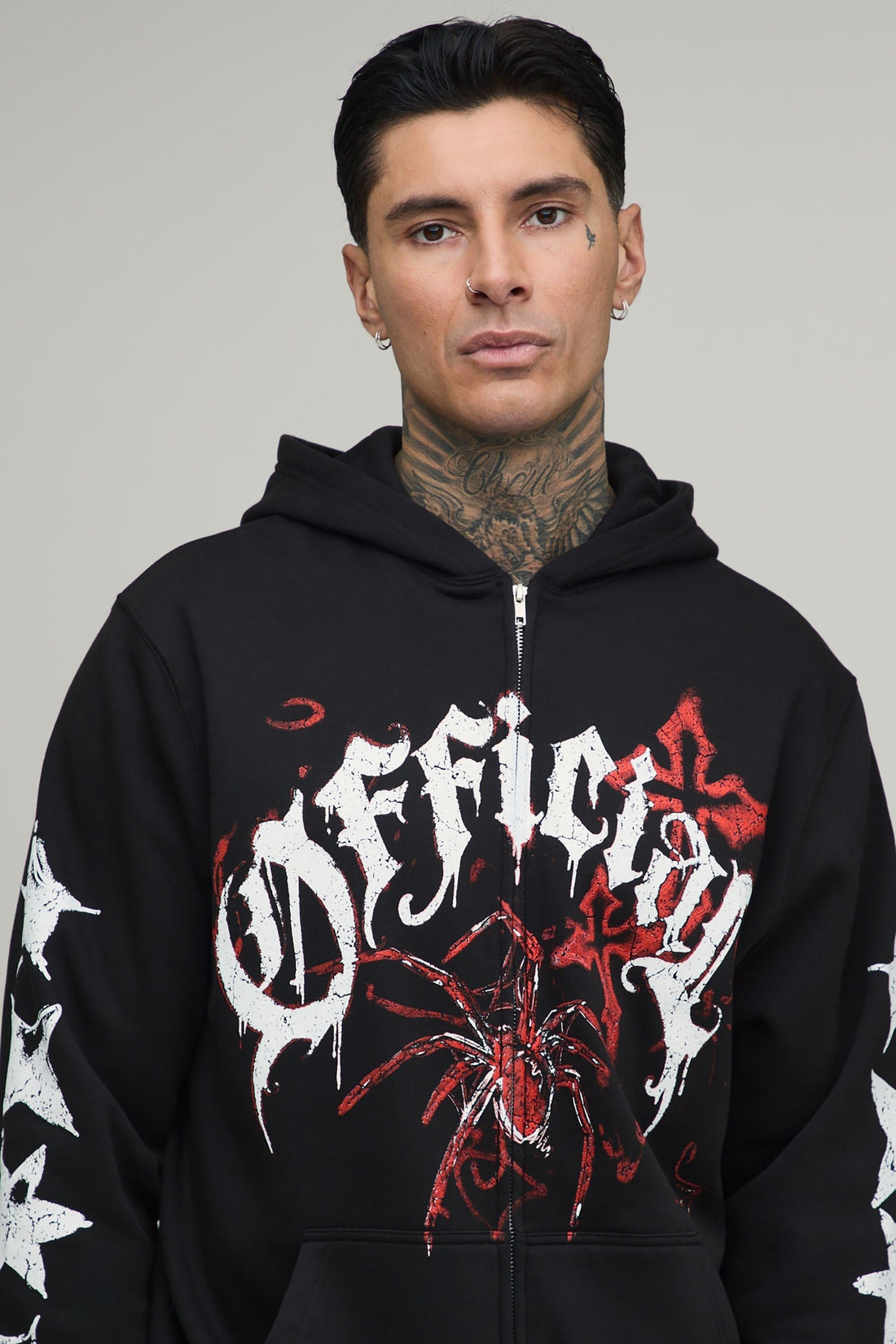 Tall Zip Hoodie with Spider Chest Graphic and Gothic Sleeve Design