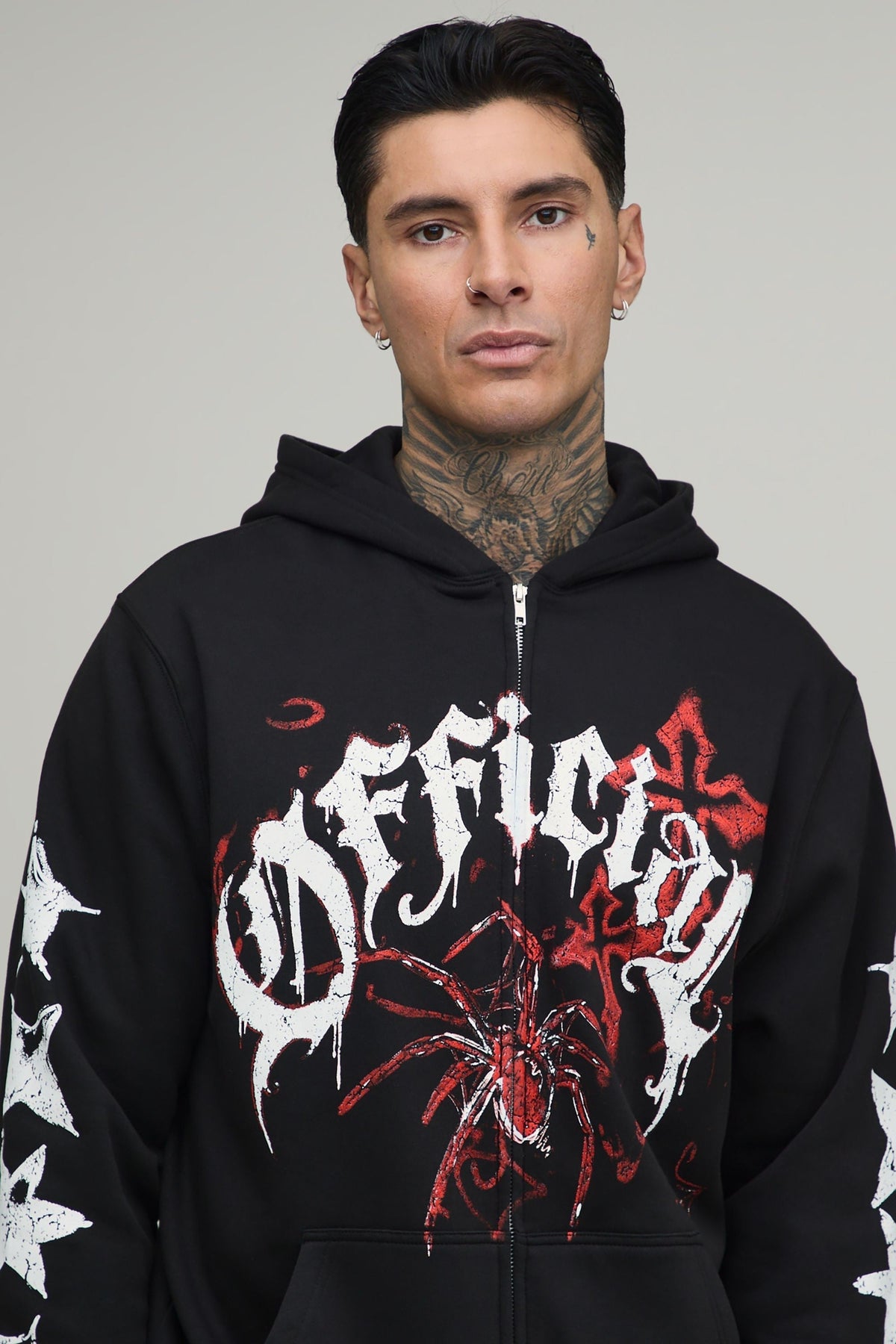 Tall Zip Hoodie with Spider Chest Graphic and Gothic Sleeve Design