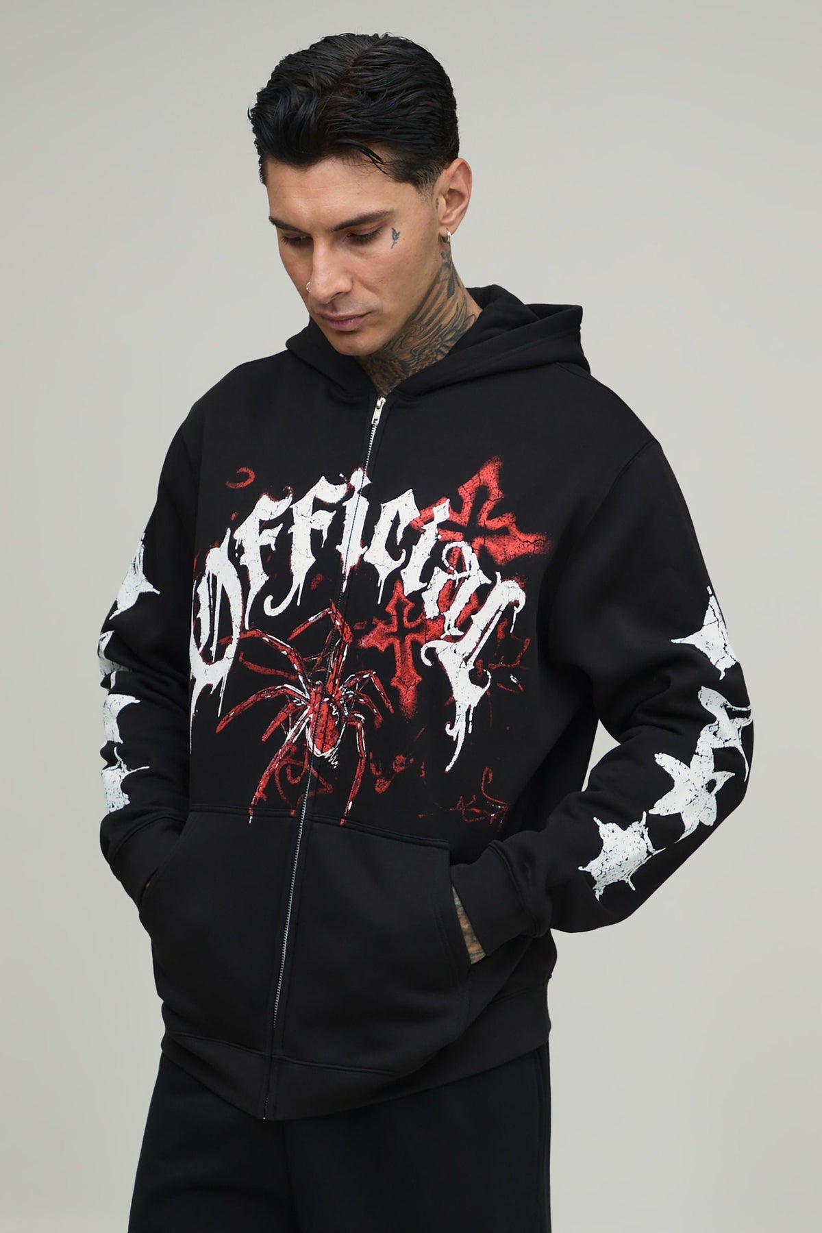 Tall Zip Hoodie with Spider Chest Graphic and Gothic Sleeve Design