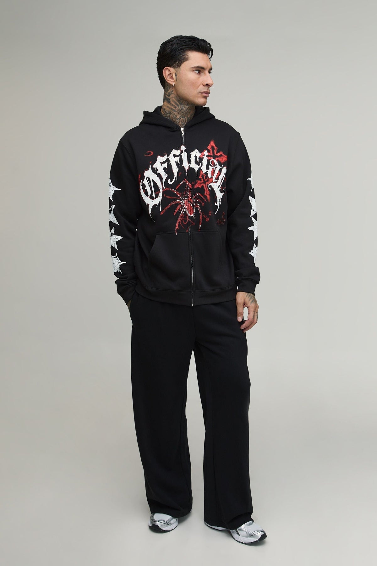Tall Zip Hoodie with Spider Chest Graphic and Gothic Sleeve Design