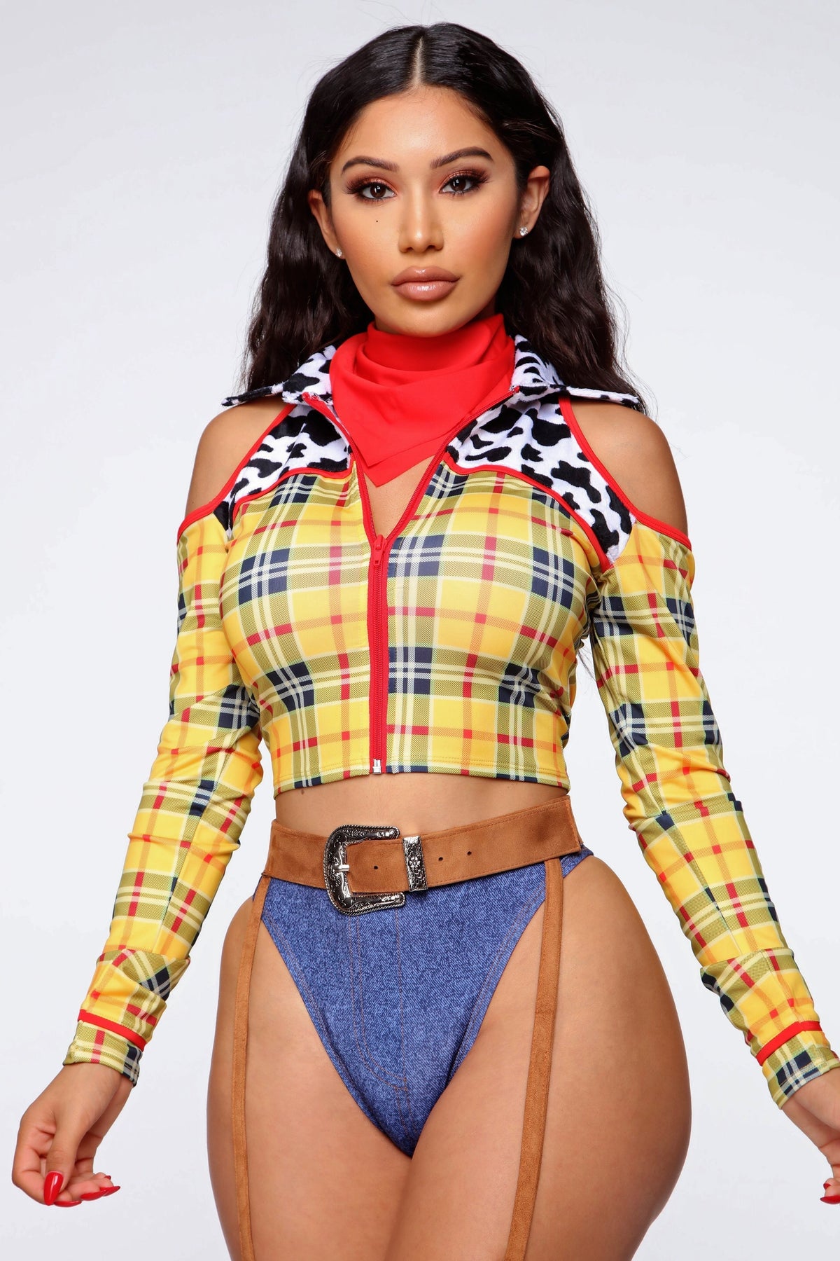 Women's Yellow Plaid Sheriff Costume with Garter Belt and Bandana, 4-Piece Set