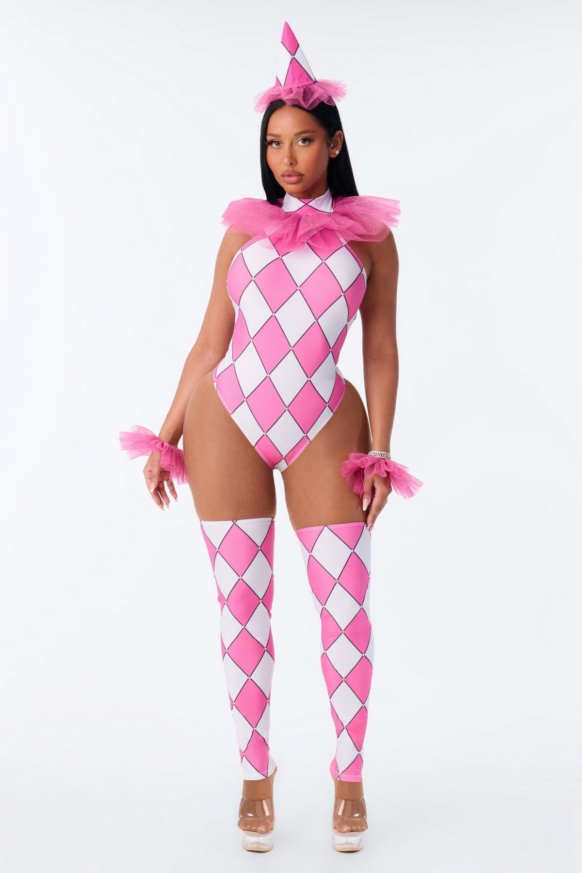 Clown Costume Set with Bodysuit, Wrist Pieces and Leg Warmers, Pink