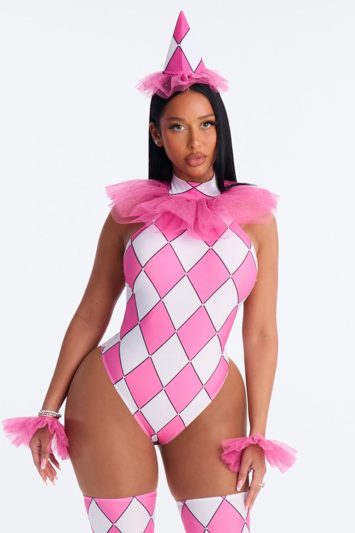 Clown Costume Set with Bodysuit, Wrist Pieces and Leg Warmers, Pink