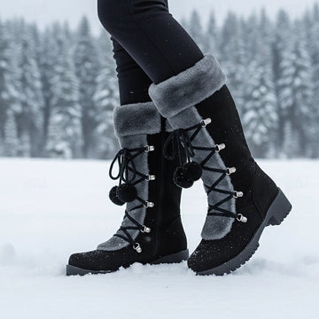 Lace-Up Winter Boots for Women with Fur Trim and Block Heel, Mid Calf