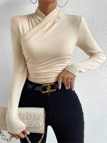 Crossover Collar Jersey Top with Long Sleeves and Slim Fit