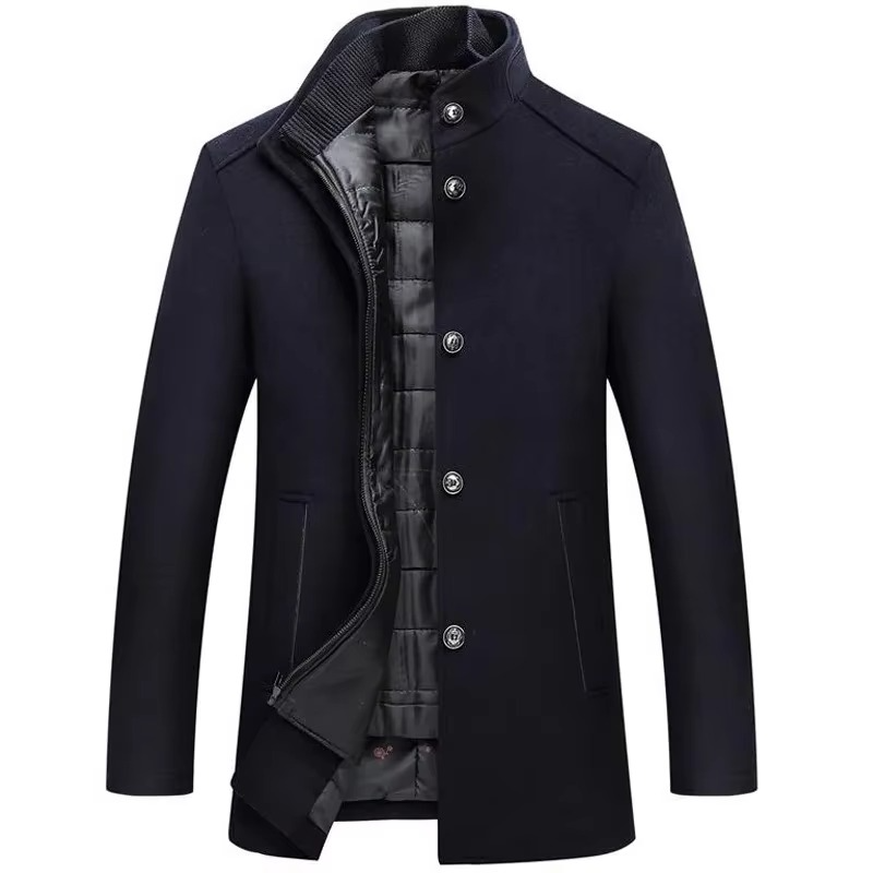 Men's Wool Blend Coat with Removable Inner Vest and Stand Collar