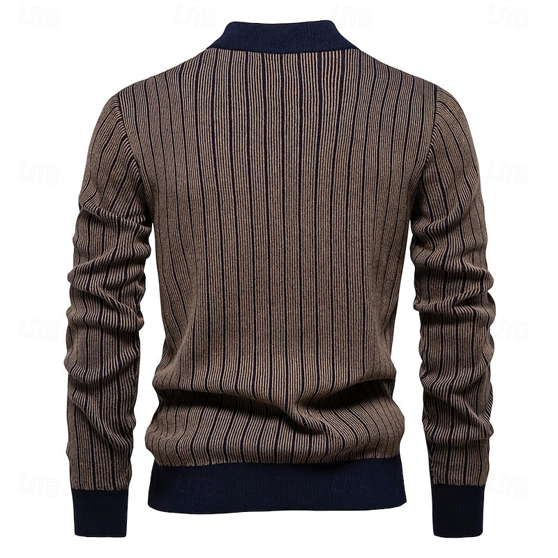 Vertical Ribbed Mock Neck Sweater with Tailored Fit for Cold Weather