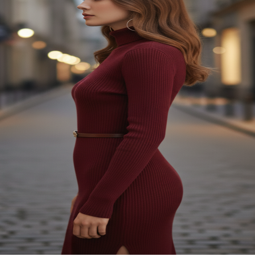 Burgundy Luna Stretch Cotton Turtleneck Mini Dress by Lumina Wear, featuring a fitted silhouette and long sleeves.
