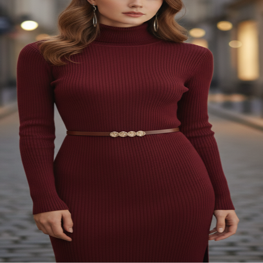 Burgundy Luna stretch cotton turtleneck mini dress by Lumina Wear, fitted style, shown on a model.