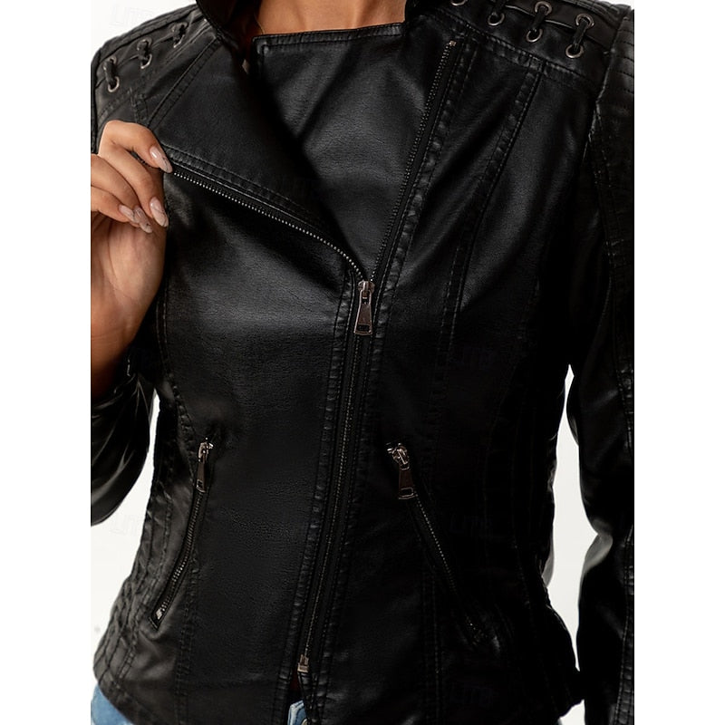 Biker Jacket with Front Zip and Tailored Fit for Fall Winter