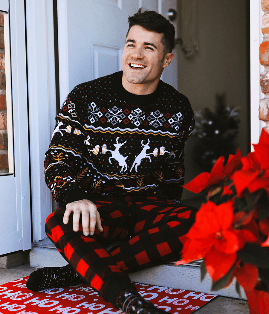Crew Neck Pullover with Deer and Evergreen Pattern, Ribbed Cuffs