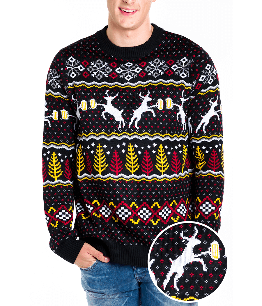 Crew Neck Pullover with Deer and Evergreen Pattern, Ribbed Cuffs