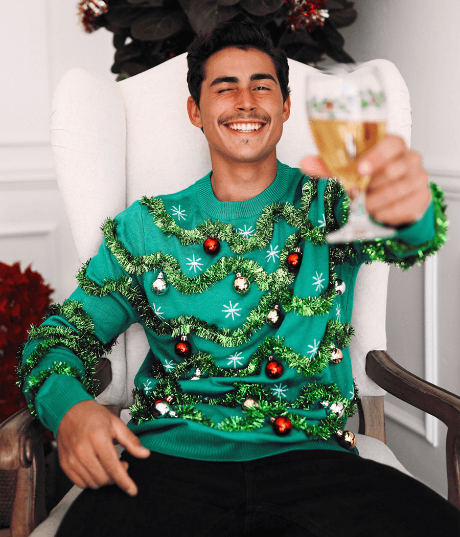 Holiday Garland Pullover Sweater with Reflective Ornament Accents