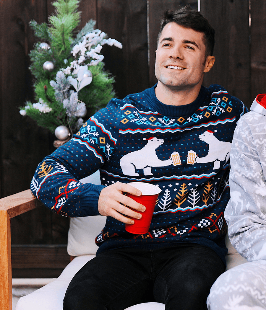 Pullover Sweater with Polar Bear Party Scene and Fair Isle Knit, Crewneck Long Sleeve
