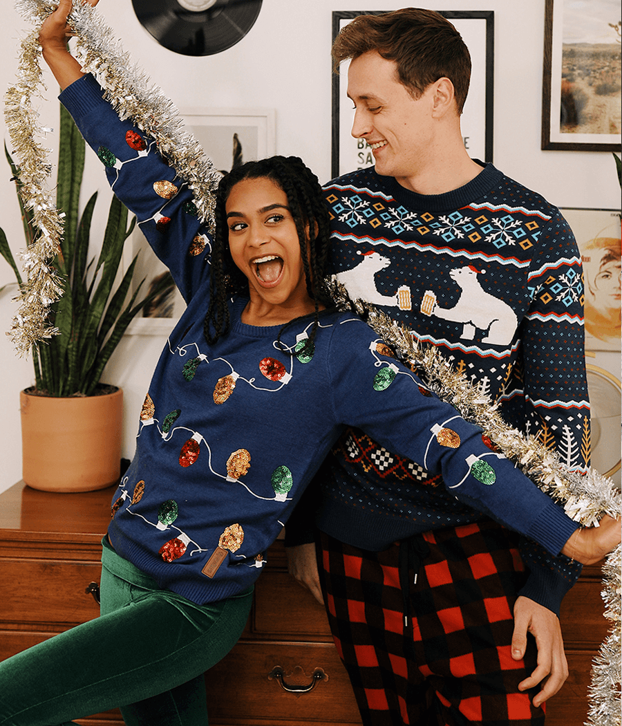 Pullover Sweater with Polar Bear Party Scene and Fair Isle Knit, Crewneck Long Sleeve