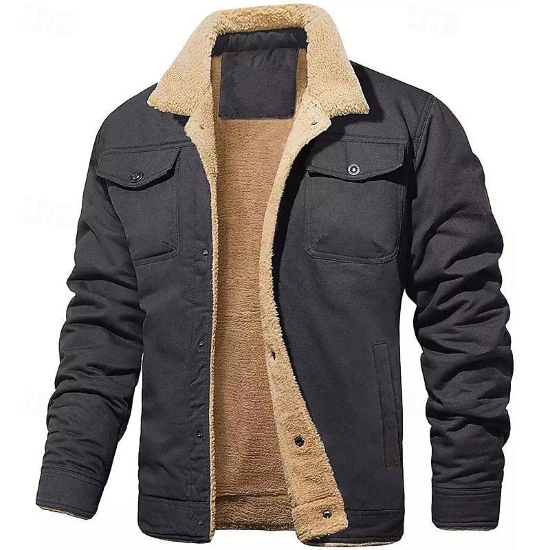 Plush Lined Trucker Jacket with Button Front and Hip Length, Multiple Pockets