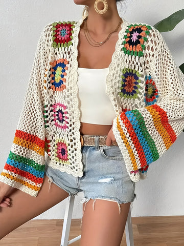 Damen gehäkelter Cardigan - Offene Vorderseite, lange Ärmel, Granny-Square-Blumenmuster, offene Strickjacke mit gestreiften Bündchen