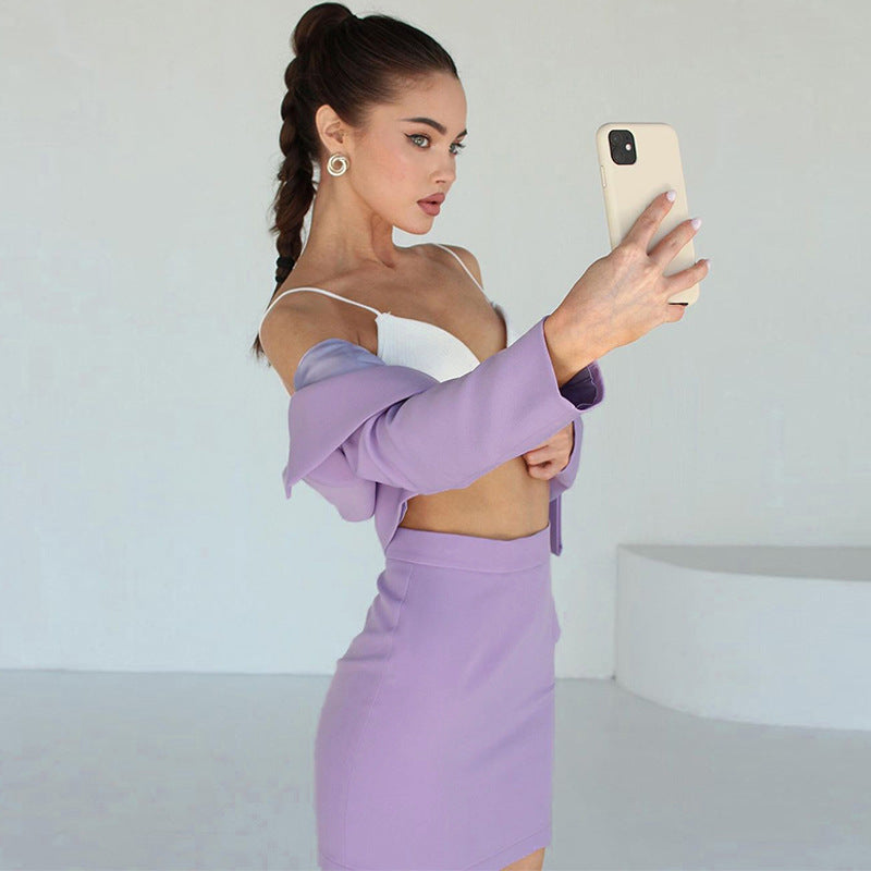 Women's Two Piece Set with Cropped Blazer and High Waisted Mini Skirt
