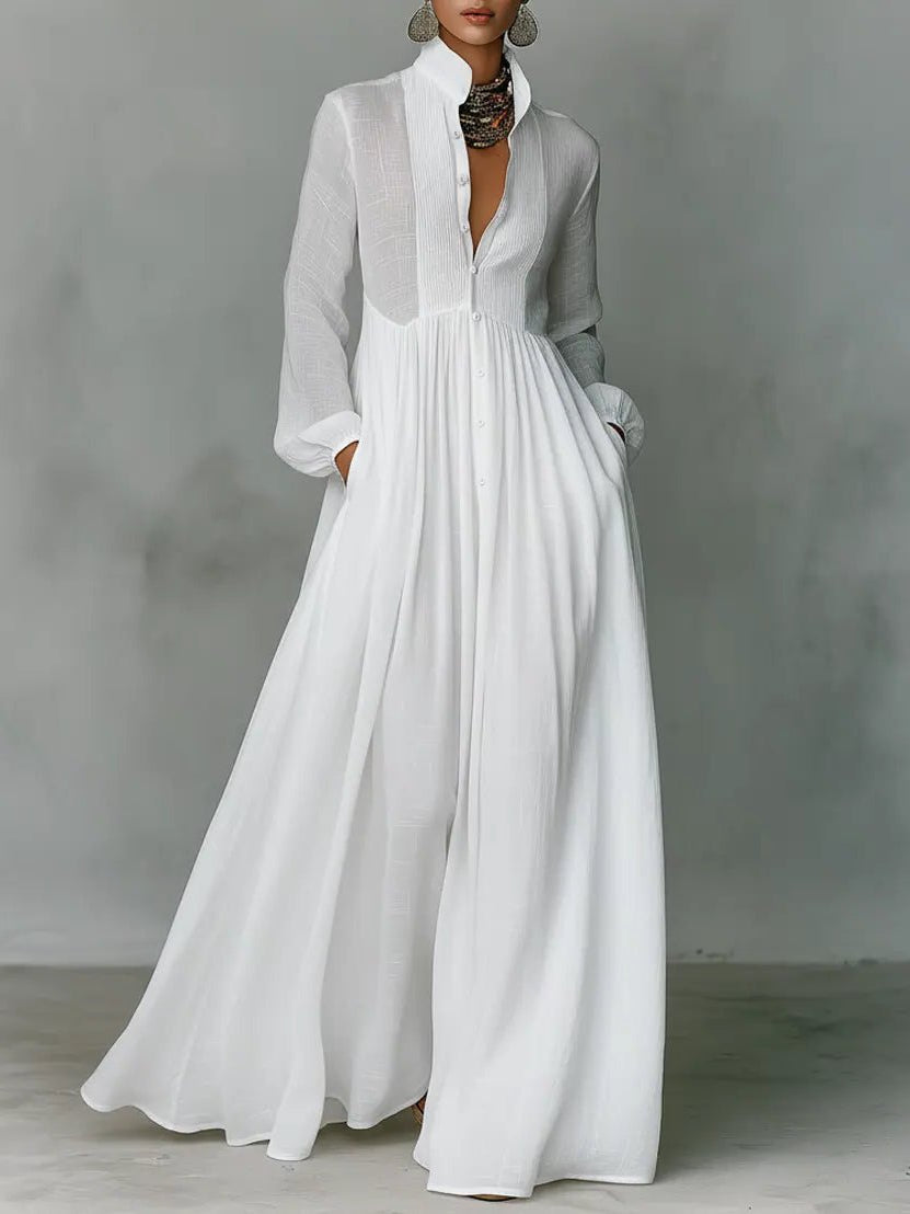Stand Collar Maxi Dress with Button Front and Long Sleeves, Floor Length