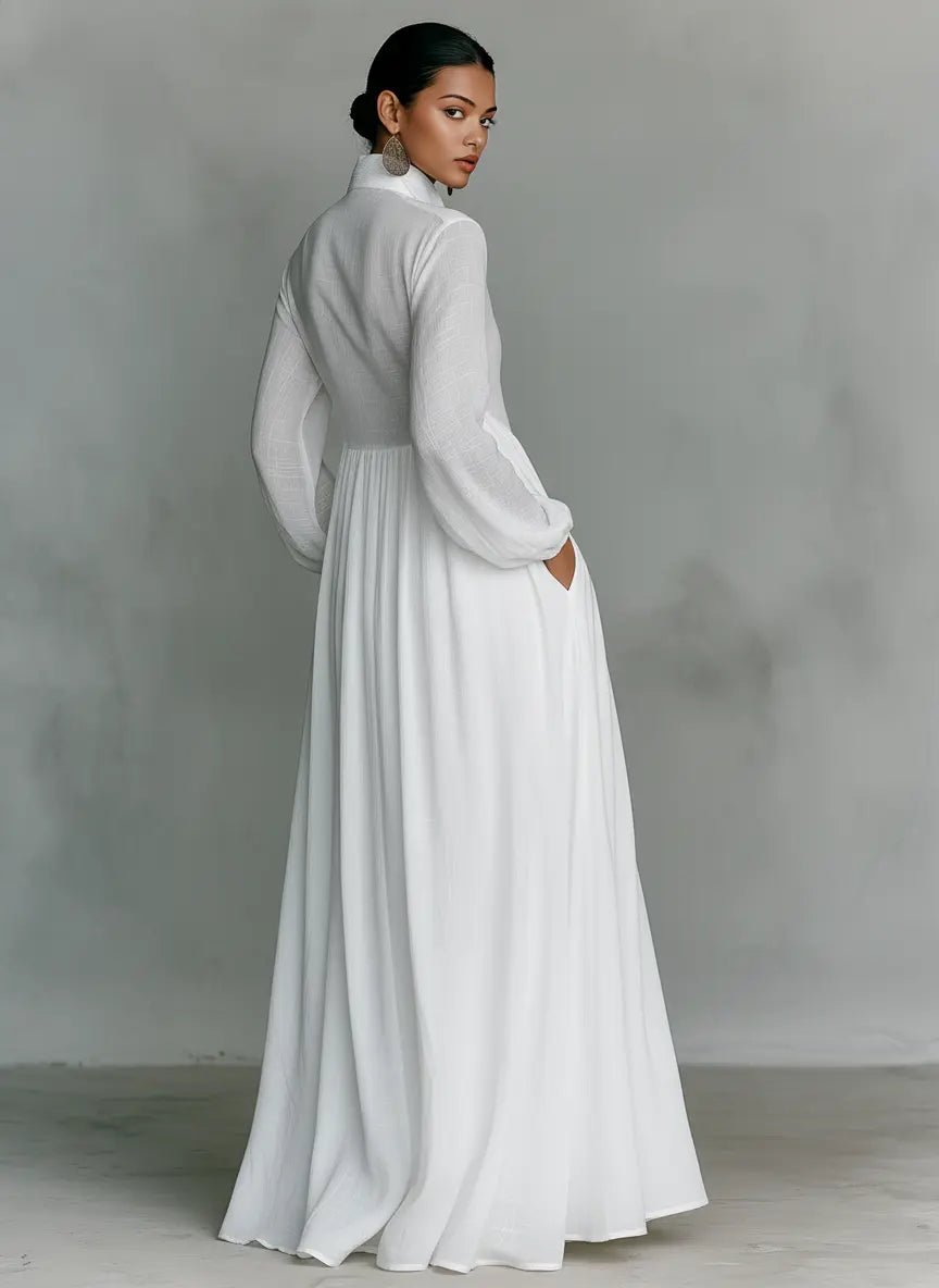 Stand Collar Maxi Dress with Button Front and Long Sleeves, Floor Length