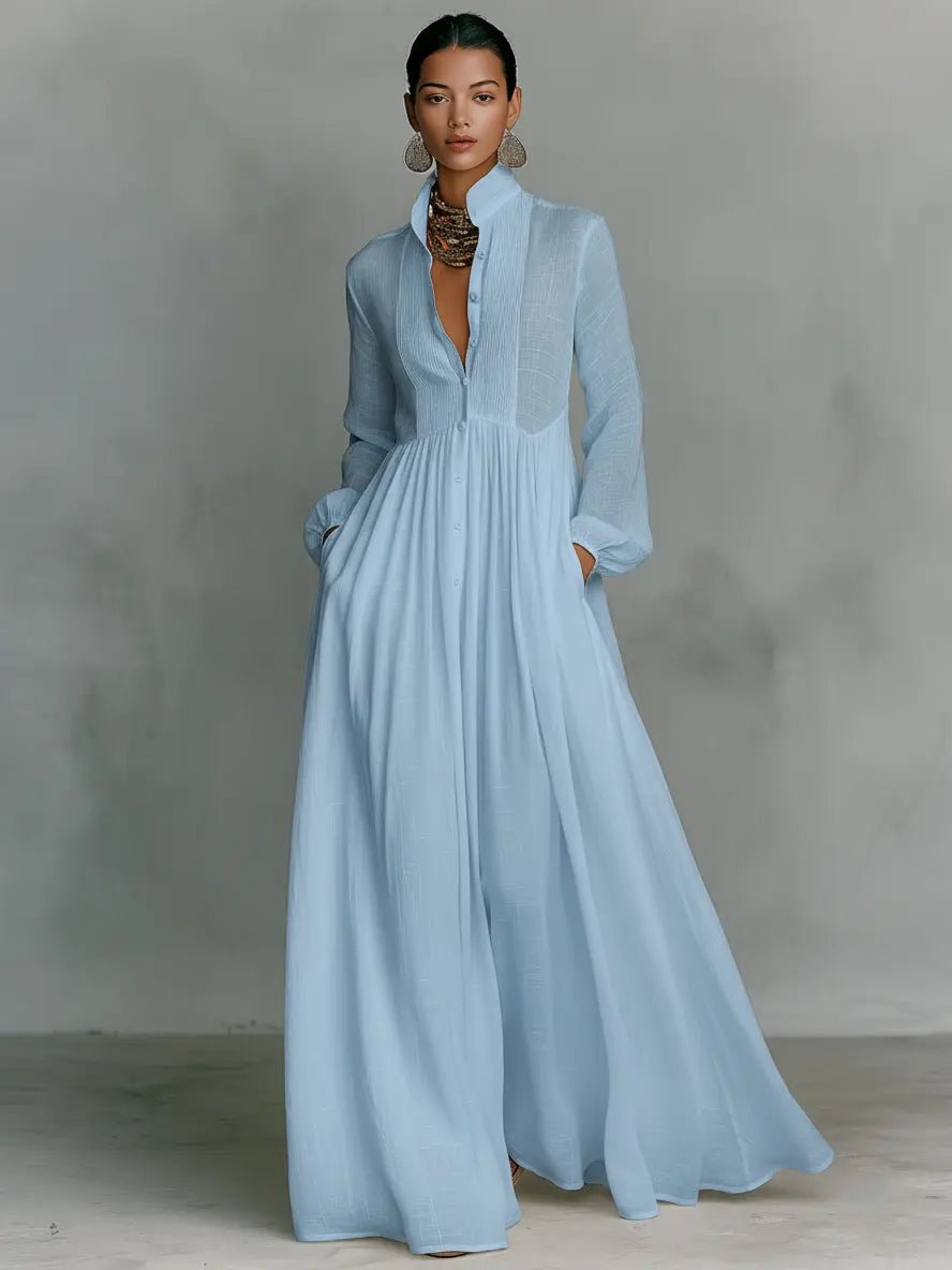 Stand Collar Maxi Dress with Button Front and Long Sleeves, Floor Length