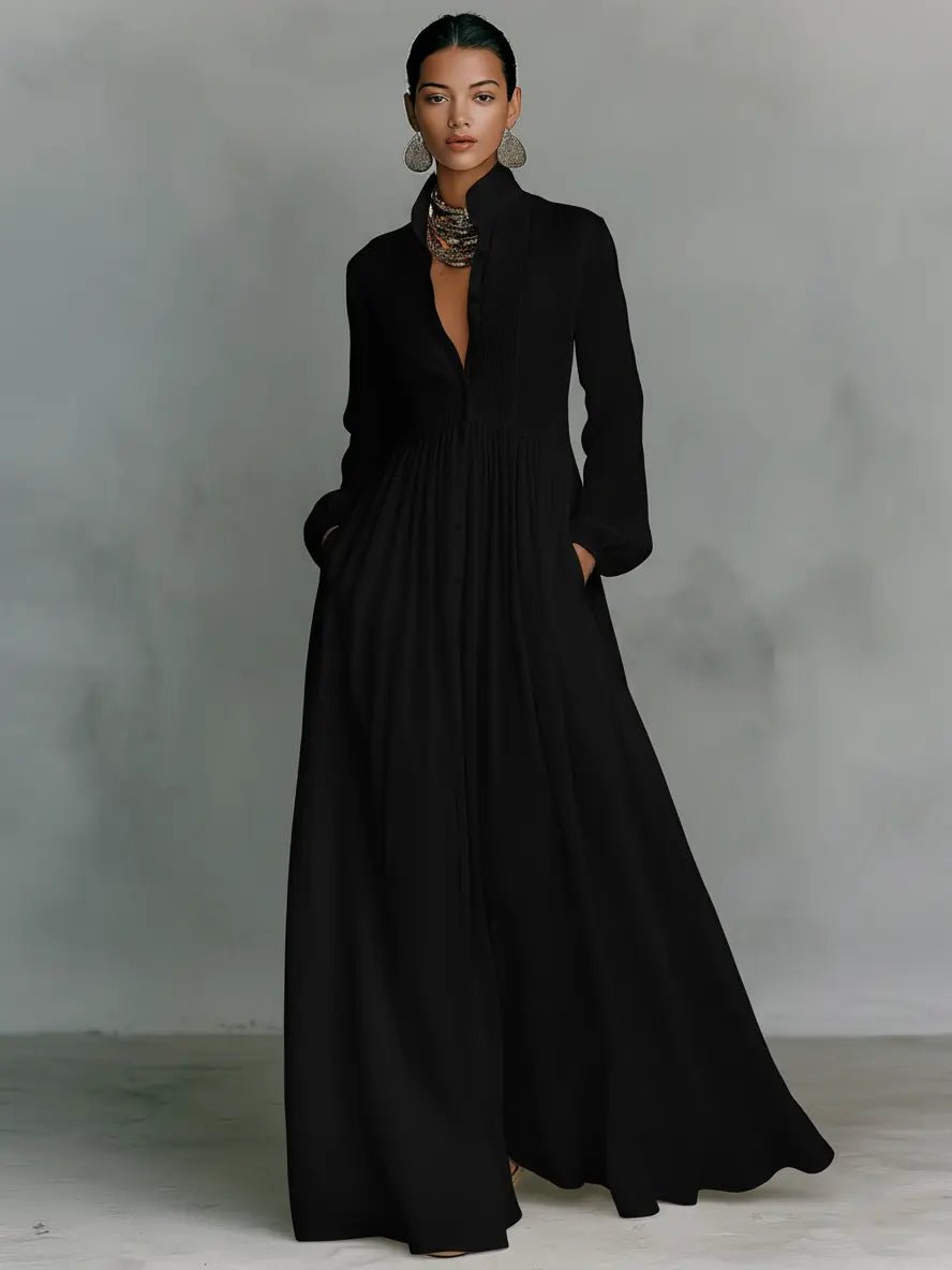 Stand Collar Maxi Dress with Button Front and Long Sleeves, Floor Length