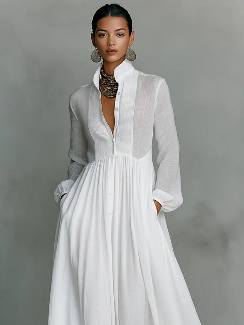 Stand Collar Maxi Dress with Button Front and Long Sleeves, Floor Length