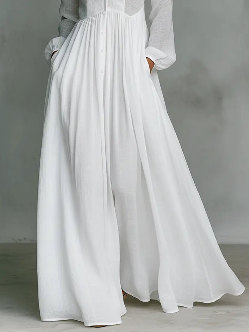 Stand Collar Maxi Dress with Button Front and Long Sleeves, Floor Length