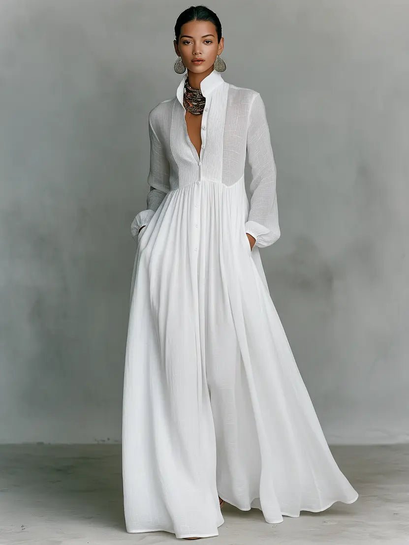 Stand Collar Maxi Dress with Button Front and Long Sleeves, Floor Length