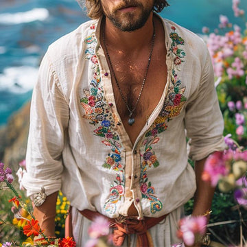 Men's bohemian grandad collar shirt, long sleeve, relaxed fit, perfect for casual summer style & holiday wear.