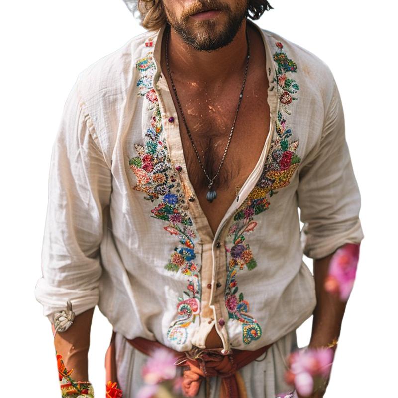 Stylish men's grandad collar shirt, bohemian long sleeve design. Casual button-up for summer & relaxed holiday wear.