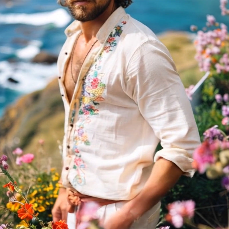 Men's casual grandad collar shirt. Bohemian long sleeve, breezy relaxed fit for summer holidays & stylish men's wear.