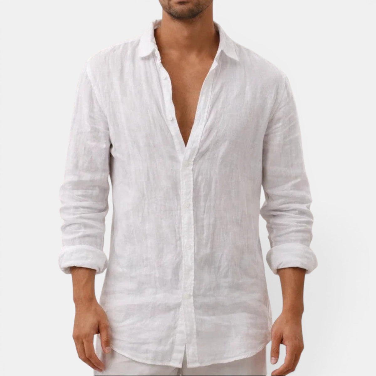Close-up of breathable fabric on a men's relaxed fit button up shirt, ideal for comfort and style.