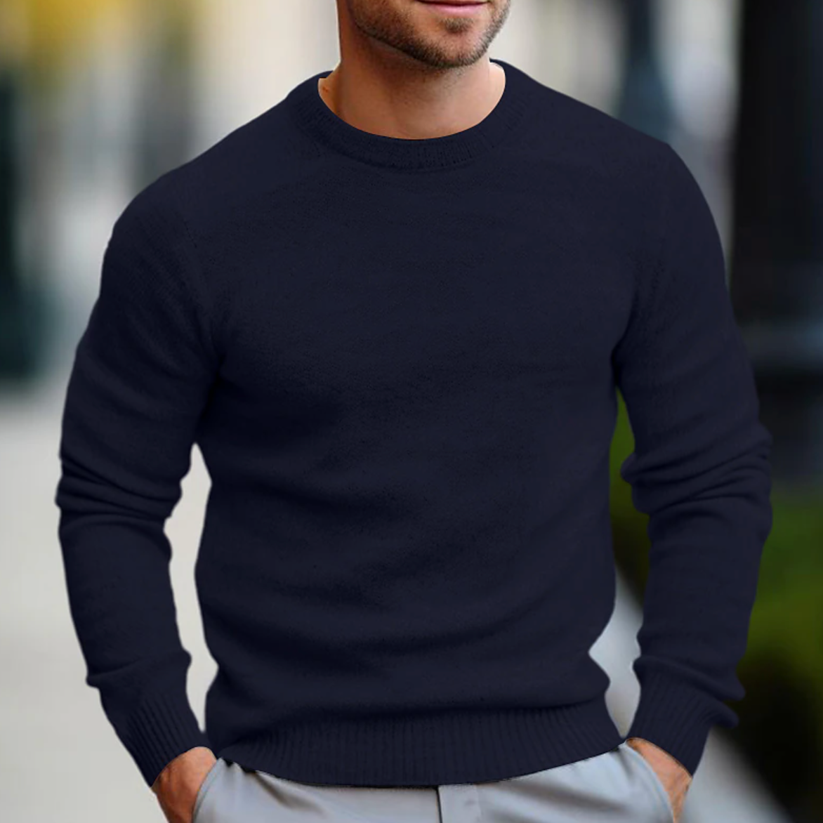 Comfortable men's long sleeve crew neck sweater, perfect casual wear or a versatile layering piece for fall.